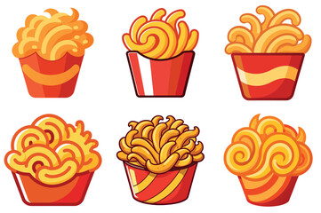 Stylized french fries illustrations in red and orange containers