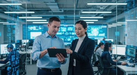 Diverse team collaborates on a tablet in a modern data center control room