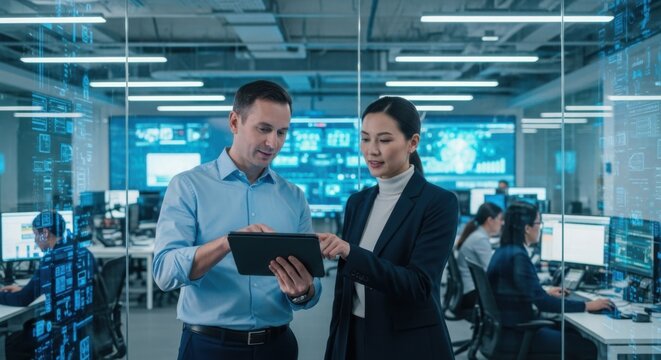 Diverse team collaborates on a tablet in a modern data center control room - Powered by Adobe