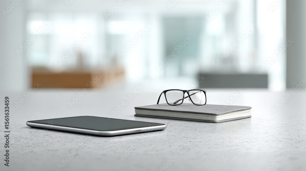 Poster modern workspace with tablet glasses and notebook on clean bright desk.