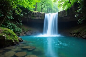 Serene Waterfall Cascading into Tranquil Pool Lush Greenery, Mist, Peaceful Atmosphere, Perfect for Relaxation and Spa Themes