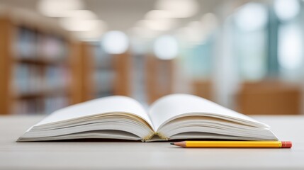 Obraz premium Open book on table in library with blurred background, studying, reading, education.