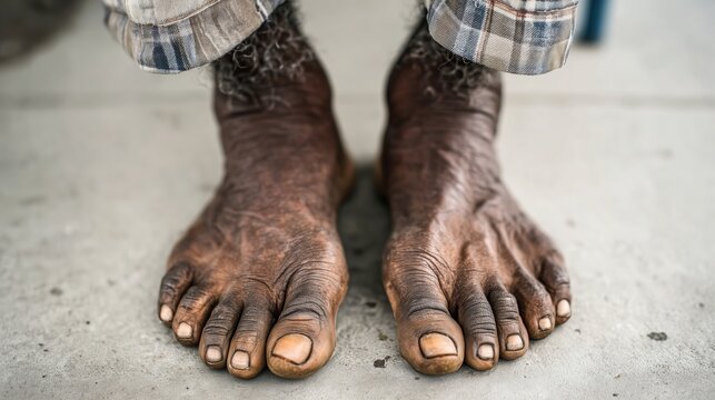 Severe complications from diabetes affecting a man's feet captured in an outdoor setting