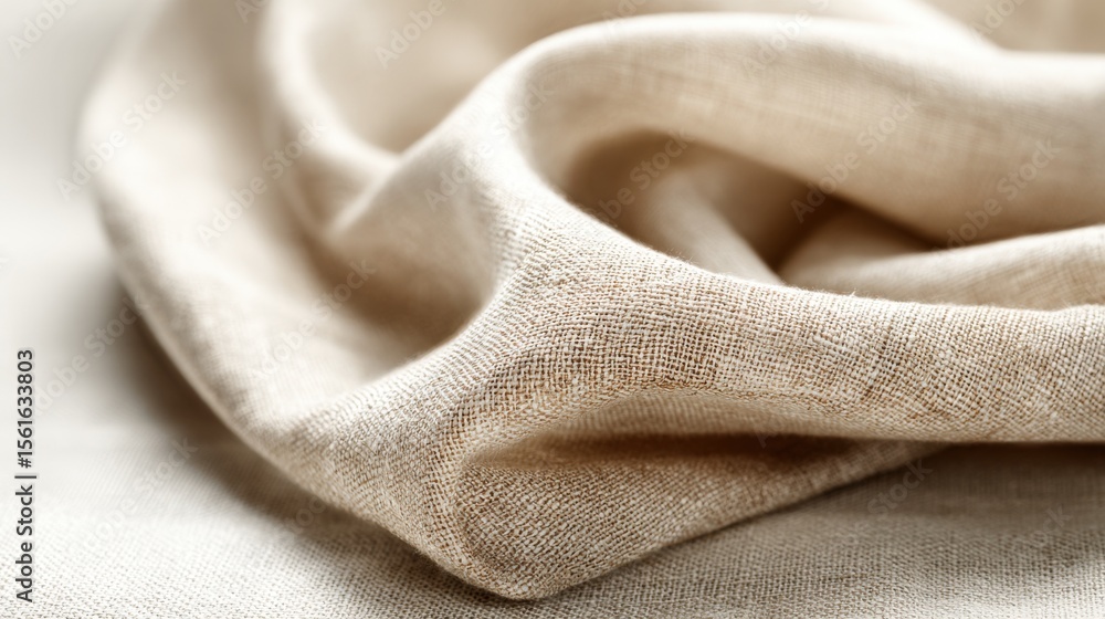 Poster close-up image of soft beige textured linen fabric with gentle folds and smooth surface.