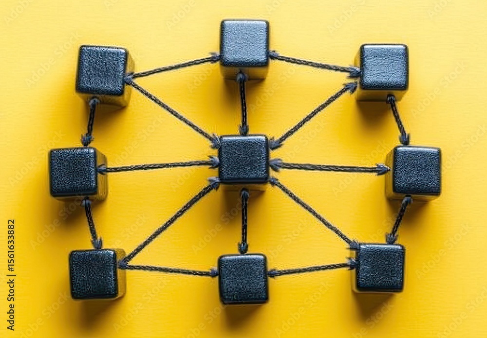 Poster black squares connected by dark strings on a bright yellow background