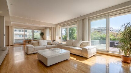 Fototapeta premium Spacious modern living room with large windows bright natural sunlight cozy seating area.