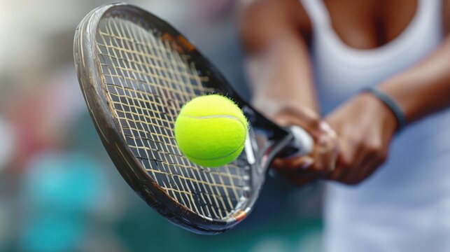 Female tennis player ready to hit bright yellow tennis ball with racket outdoors.