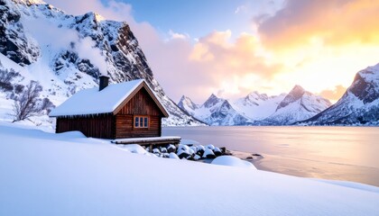 Fototapeta premium Cabin by snowy mountain, winter scene
