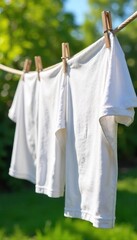 Freshly Laundered White Clothes Drying on a Sunny Clothesline, Spring Breeze, Pure Cleanliness and Freshness