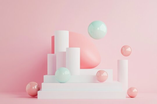 Pastel-colored floating blobs and geometric elements around white pink display stand