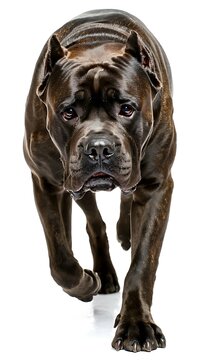 Powerful cane corso dog with striking eyes and muscular build walking forward isolated on white background