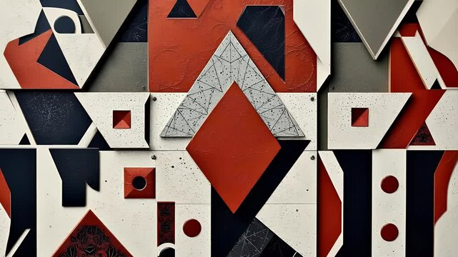 A geometric, abstract design with tessellating shapes, optical illusions, and contrasting patterns on a grainy, structured surface.