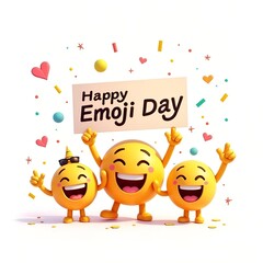 Fototapeta premium Happy Emoji Day celebration with colorful smiling emojis and festive decorations on white background