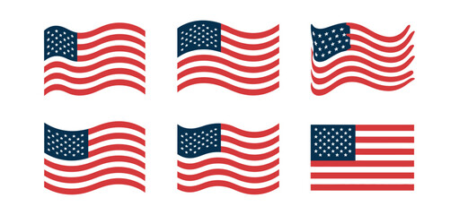 Collection of waving and static american flag illustrations in various designs for patriotic, national and independence day themes