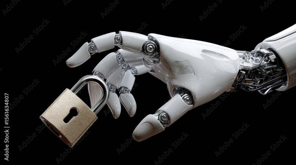 Poster futuristic robotic hand holding a locked padlock symbolizing security and technology.