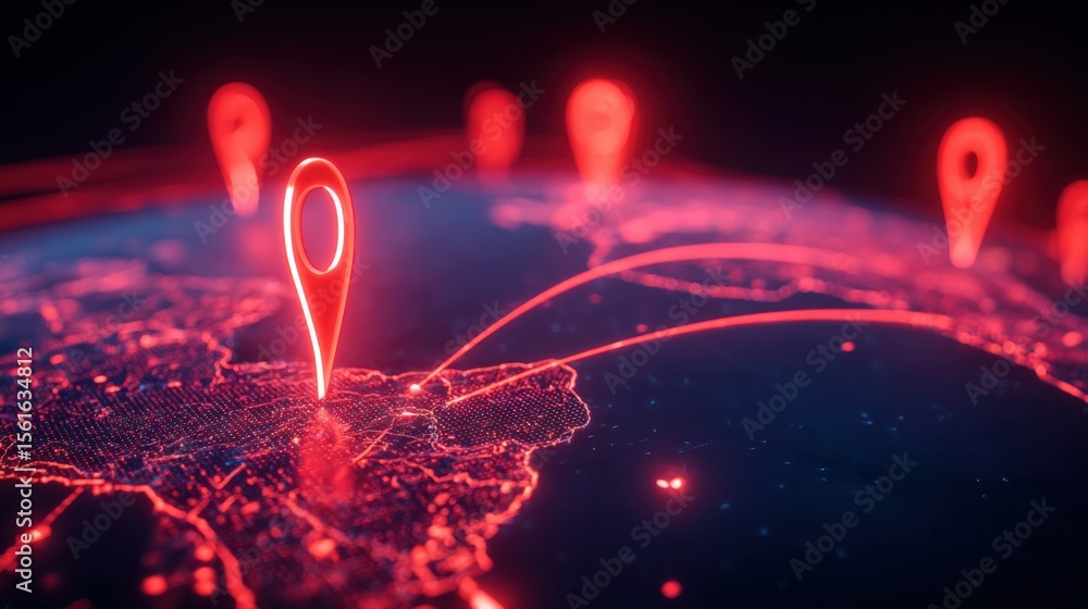 Poster Global Digital Connectivity and Location Tracking System with Red Neon Light Effect.