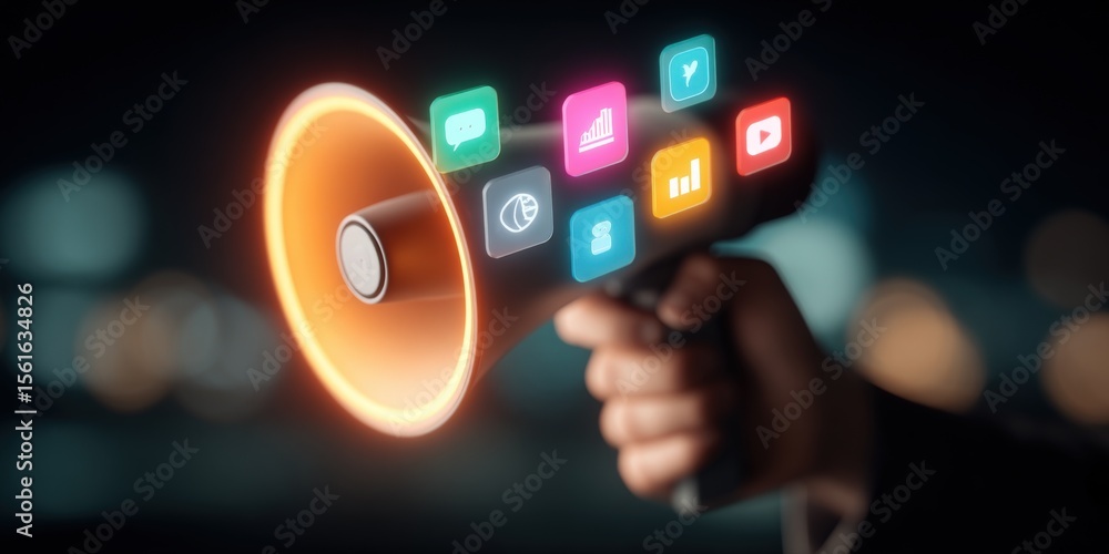 Poster futuristic hand holding a device projecting colorful social media icons in a dark background.
