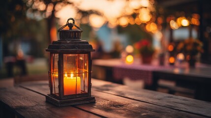 Romantic outdoor dinner setup with candlelit lantern and cozy evening ambiance.