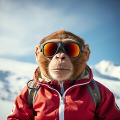 Monkey wearing sunglasses on a snowy mountain for winter adventure and sports activities