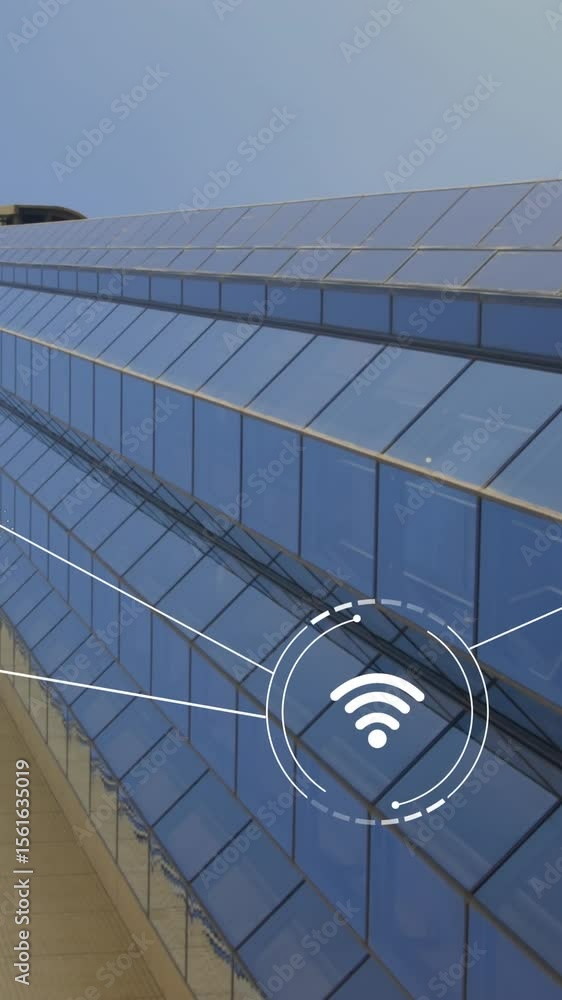Poster animation of network of conncetions with icons over modern building