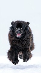 Obraz premium Joyful newfoundland dog leaping through snow with mouth open isolated on white background
