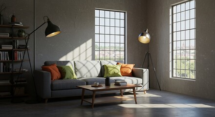 Sunlit Loft Apartment Living Room with Grey Sofa and Tripod Lamps