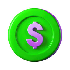 Obraz premium 3d rendered green coin with purple dollar symbol isolated on transparent background