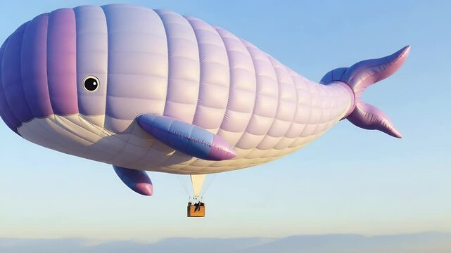 A Dreamlike Blue, Purple, and Pink Hot Air Balloon Shaped Like a Whale
