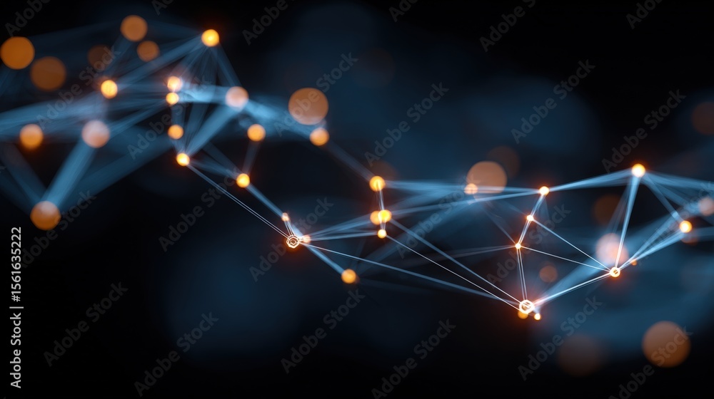 Poster Abstract digital network with glowing connections and nodes in dark background.