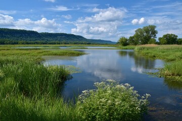 Fototapeta premium Calm scenic lake with lush greenery reflection of clouds and sky and distant hills