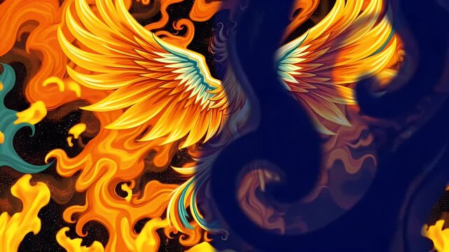 A psychedelic image of a phoenix rising from ashes, with flames in swirling patterns of orange, teal, and white, with a grainy texture.