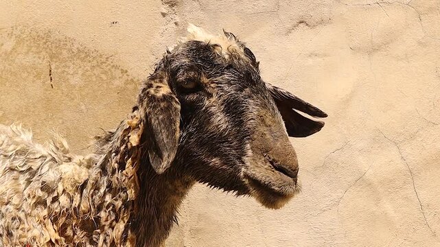 Closeup A sheep chewing cud, showing mouth movement during rumination. Previously swallowed food returns for re-chewing, helping digestion in ruminant animals. Educational for biology and veterinary