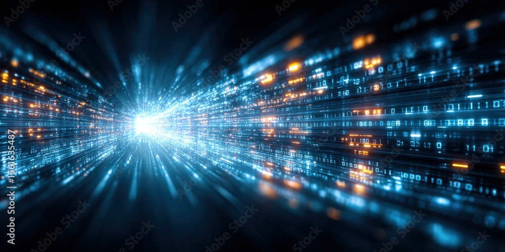 Poster futuristic digital data stream with glowing light speed effects and digital pixels.