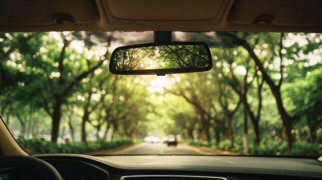Scenic view through car windshield of sunlit trees lining a peaceful country road.