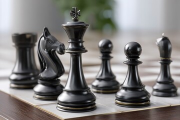 Chess pieces in focus featuring king knight rook bishop and pawns on a chessboard
