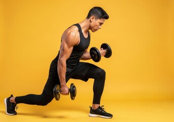 Man performing lunges with dumbbells on yellow background
