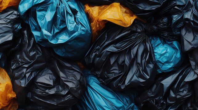A pile of tightly packed black, blue, and orange plastic trash bags, representing waste collection and disposal.
