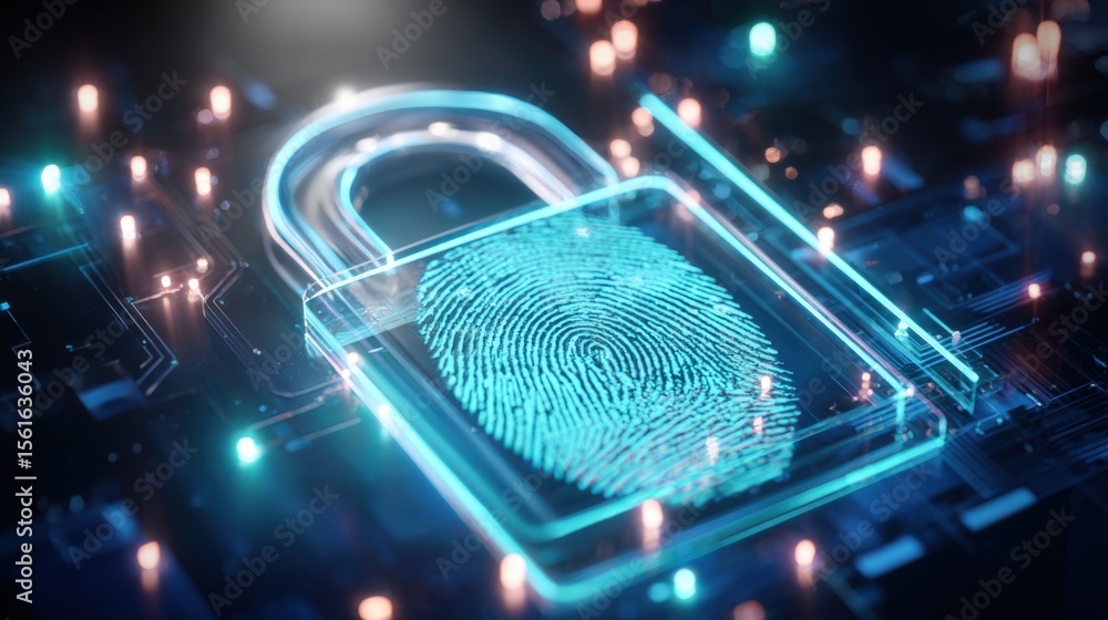 Poster Advanced digital lock with fingerprint scanner on glowing circuit board with cybersecurity icons.