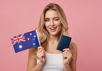 Blonde woman holding Australian flag and passport, smiling