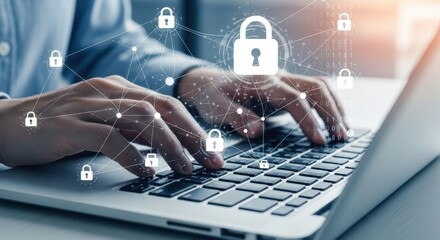 Hands typing on a laptop with digital security locks and network connections