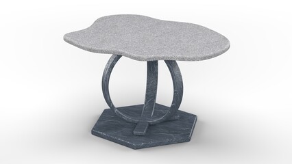 Irregular-Shaped Grey Table Top. Curved Stone Base. Isolated. White background. 3D render