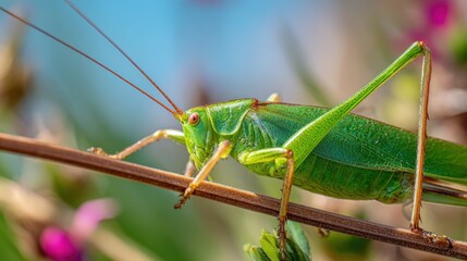 Fototapeta premium Close-up of vibrant green grasshopper perched on a thin branch in natural outdoor setting.