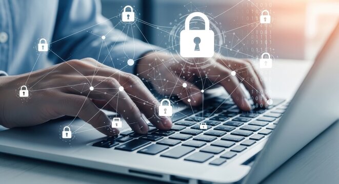 Hands typing on a laptop with digital security locks and network connections