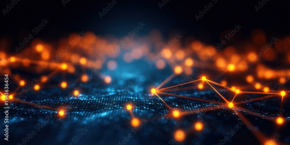 Aufkleber futuristic glowing digital network with connecting nodes and vibrant neon lights.