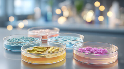 Super macro realistic photo of four petri dishes.