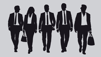 Silhouettes of five diverse business professionals are walking forward in suits. Ideal for corporate themes, teamwork, and progress. Vector illustration.