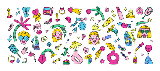 Colorful Doodle Beauty Elements Set A vibrant and playful vector illustration featuring a set of surreal, beauty-themed doodle elements on a white background. Includes cosmetic icons