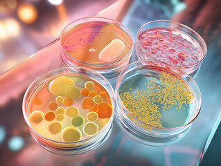 Super macro realistic photo of four petri dishes.