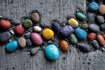 Obraz premium Collection of colorful smooth stones scattered on a textured gray surface isolated on white background