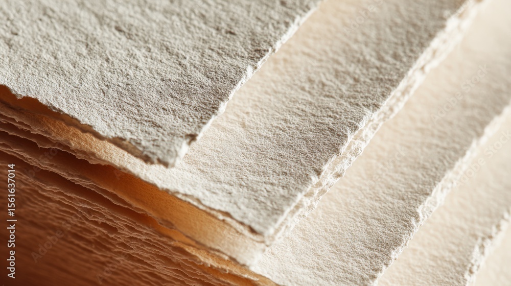 Poster close-up of textured handmade paper sheets showing rough natural fibers and uneven edges.